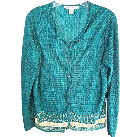 Rafael Women's Green Shirt Print Large L Button Down Top Blouse Misses sz 12 14 - Picture 1 of 8